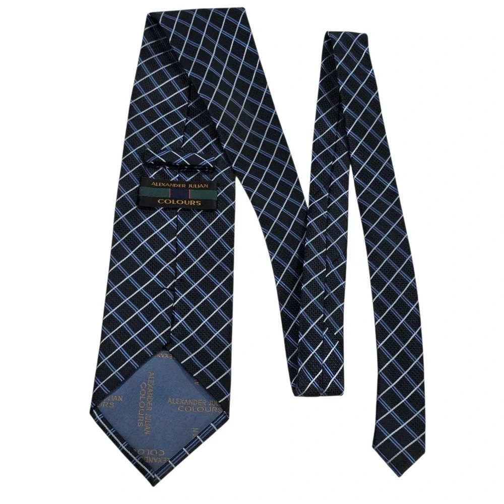 ALEXANDER‎ JULIAN Colours Mens Silk Blend Tie Black Blue Plaid Pattern Business