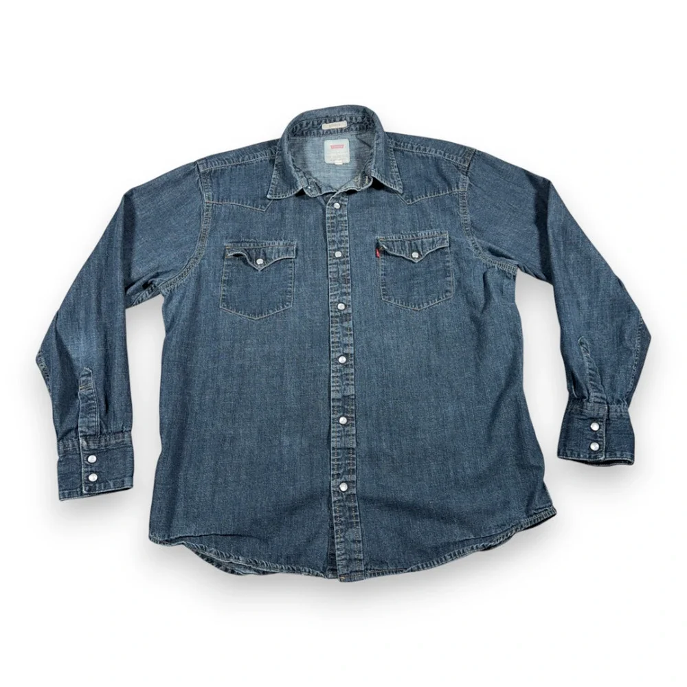 Levis Western Shirt Adult LARGE Blue Denim Dark Wash Pearl Snap Regular Fit