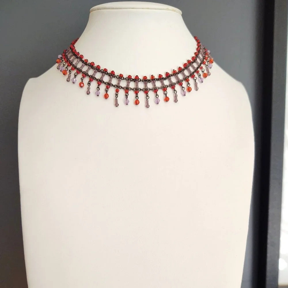 Orange and lavender beaded choker necklace