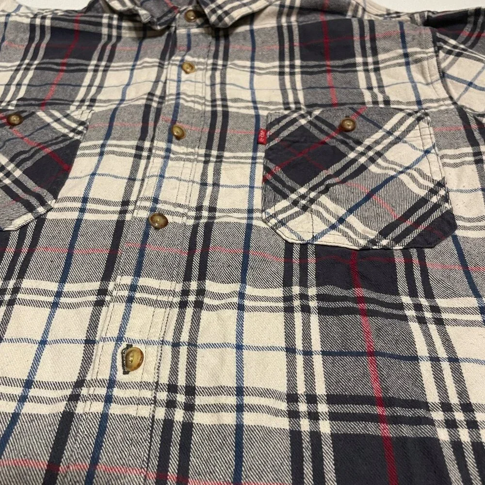Levis Flannel Shirt Mens Size L Navy Blue Red Plaid Long Sleeve Button Up Cotton