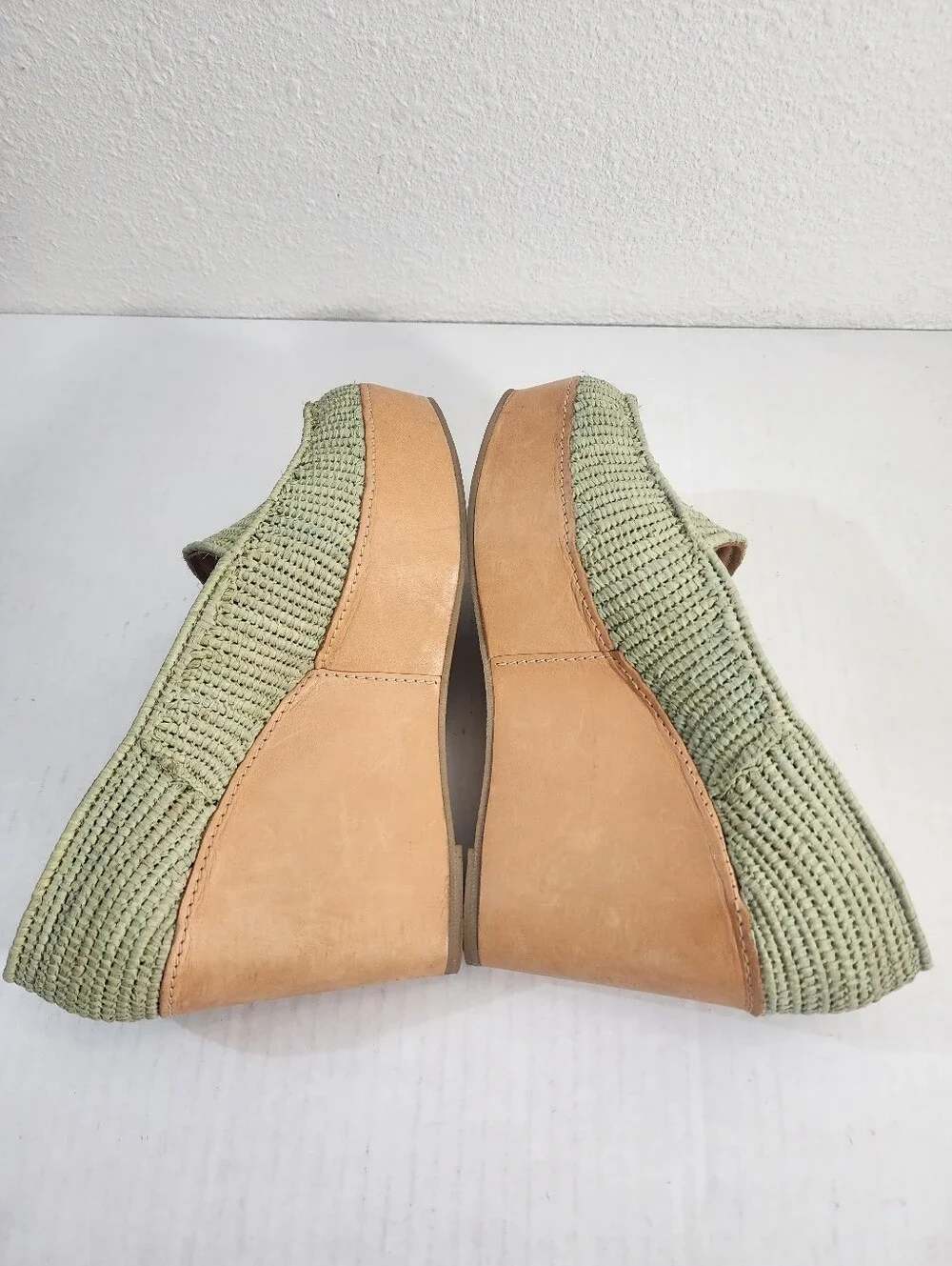Carven x Robert Clergerie Raffia Platform Loafers Leather Sage Green EU 39.5