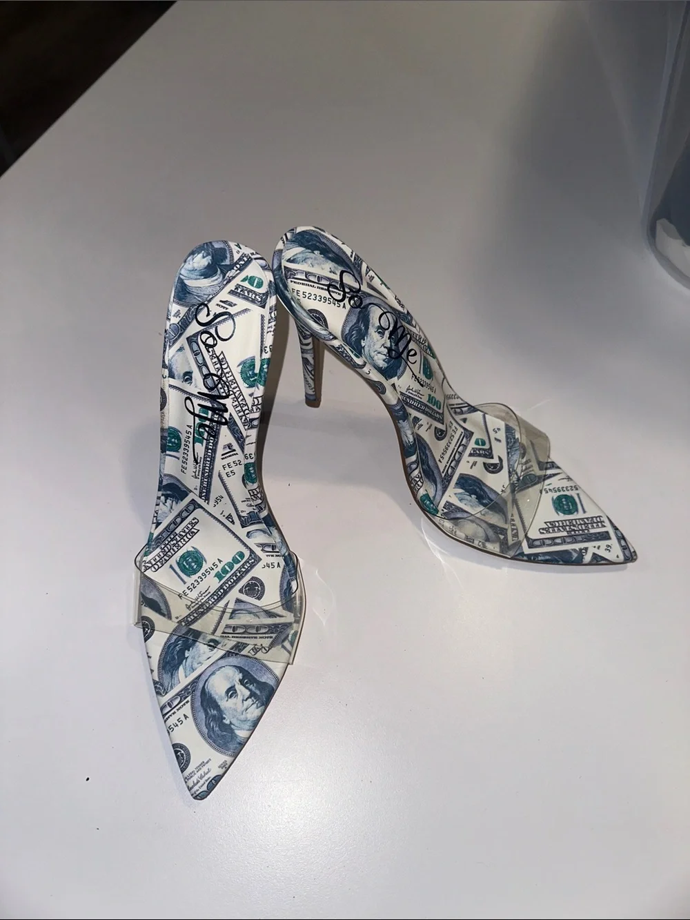 So Me Money Print Pointed Toe High Heel Slide - White/Green