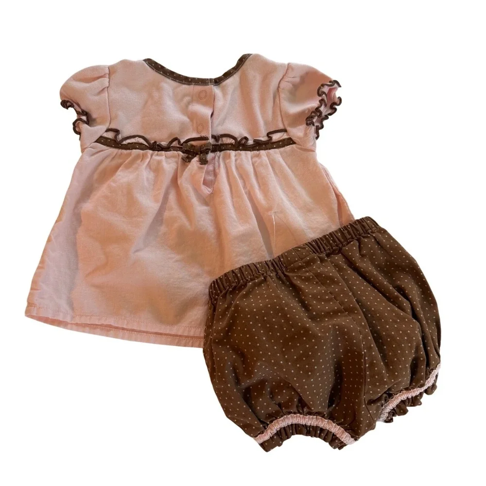 VTG Gymboree Baby Girl Pink Brown Dachshund Dog Polka Dot Bloomer Set 0-3 Months