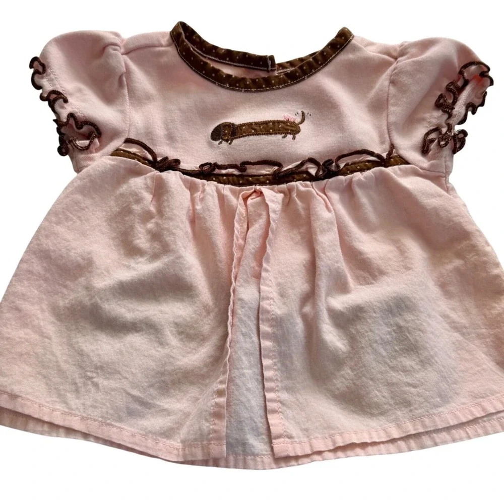 VTG Gymboree Baby Girl Pink Brown Dachshund Dog Polka Dot Bloomer Set 0-3 Months