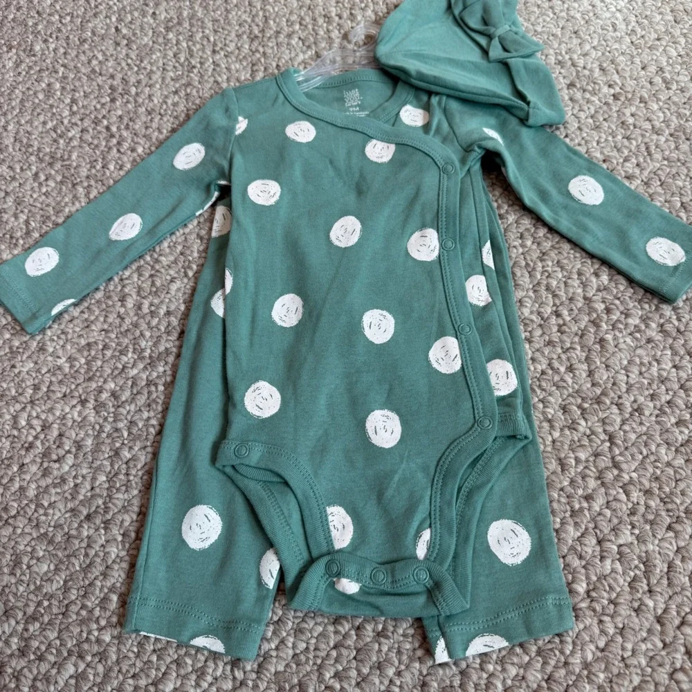 Carters Baby‎ Girls 3pc Teal Polka Dot Bodysuit Pants Hat Set Size 9 Months