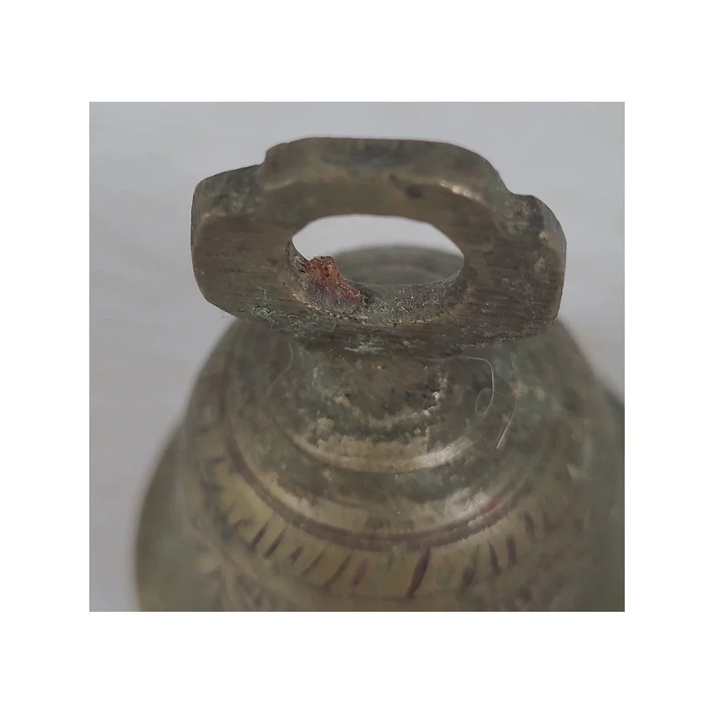 Vintage Etched Brass Bell Small Handcrafted Gold Red Accents 2 Inch‎ Decor
