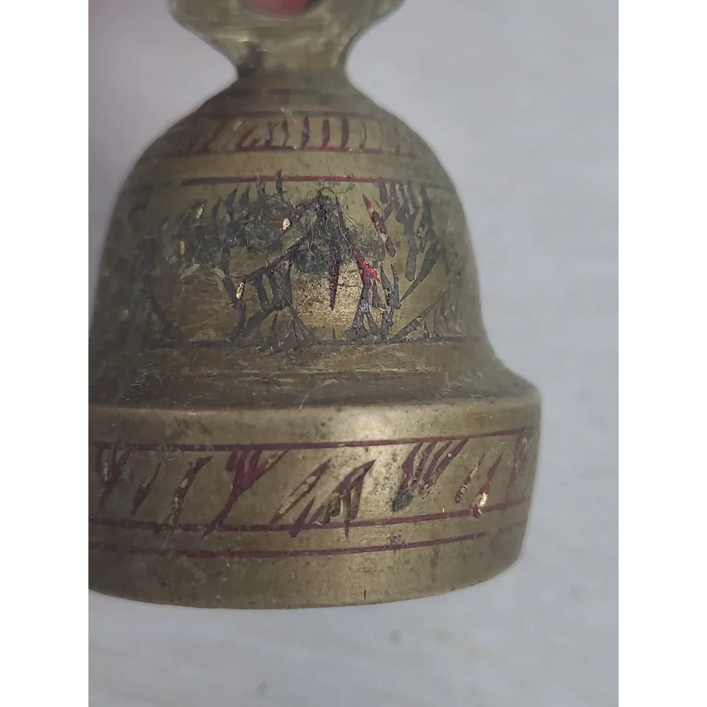 Vintage Etched Brass Bell Small Handcrafted Gold Red Accents 2 Inch‎ Decor