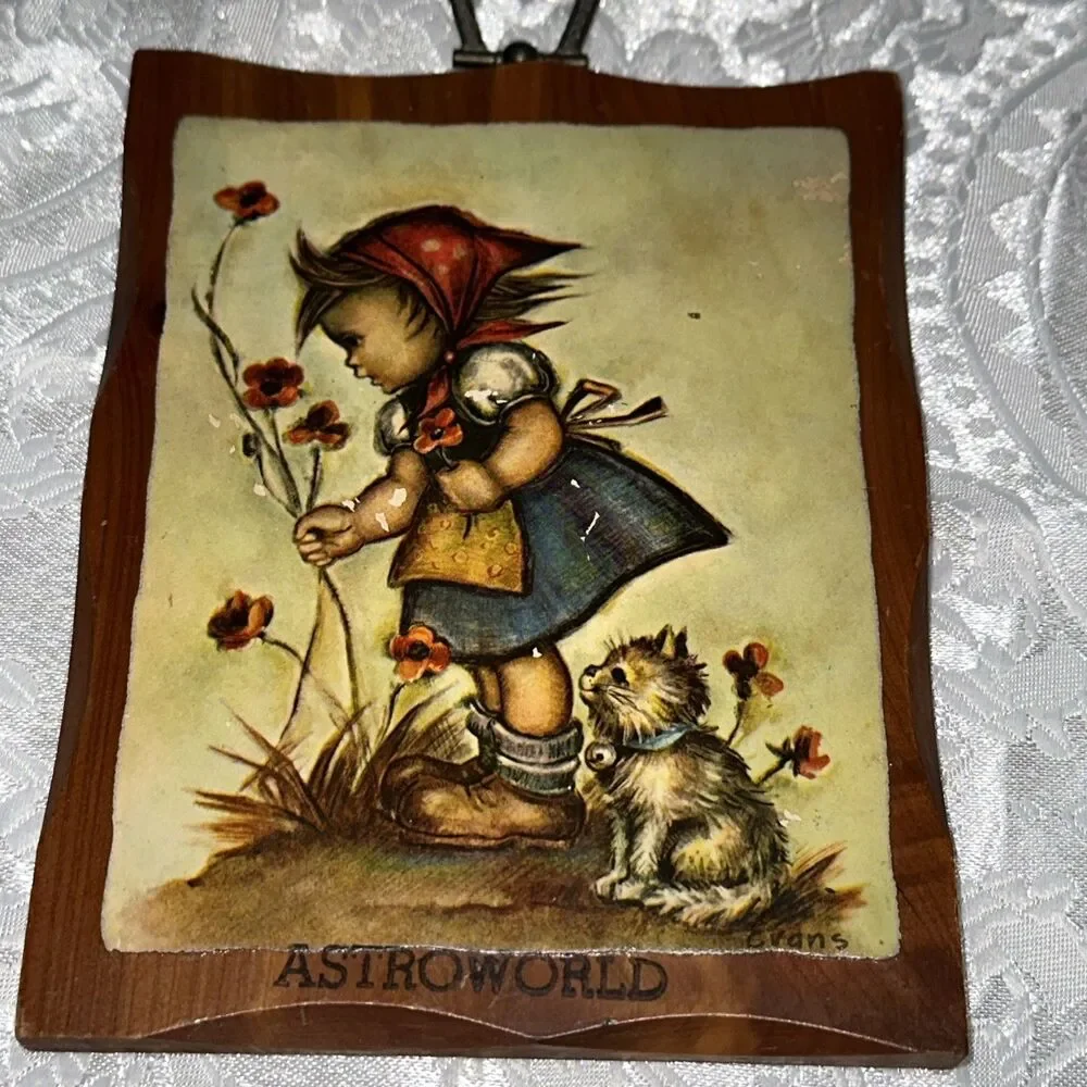 Vintage Evans Wooden Wall Hanging - Girl & Kitten