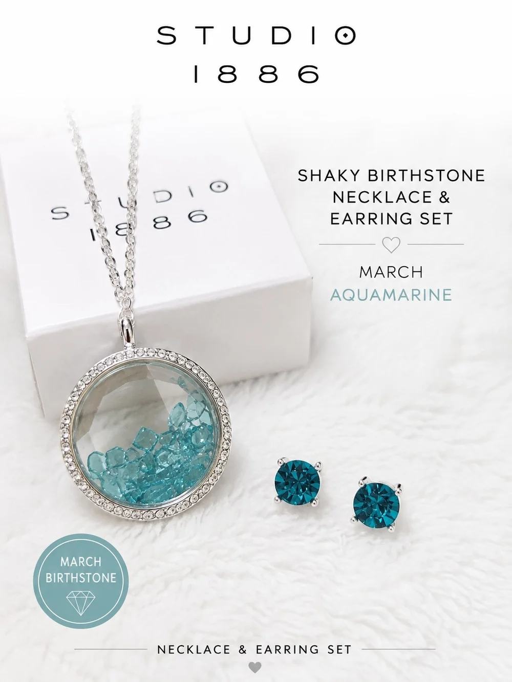 Studio 1886 March Birthstone Shaky Necklace & Stud Earring Set NIB