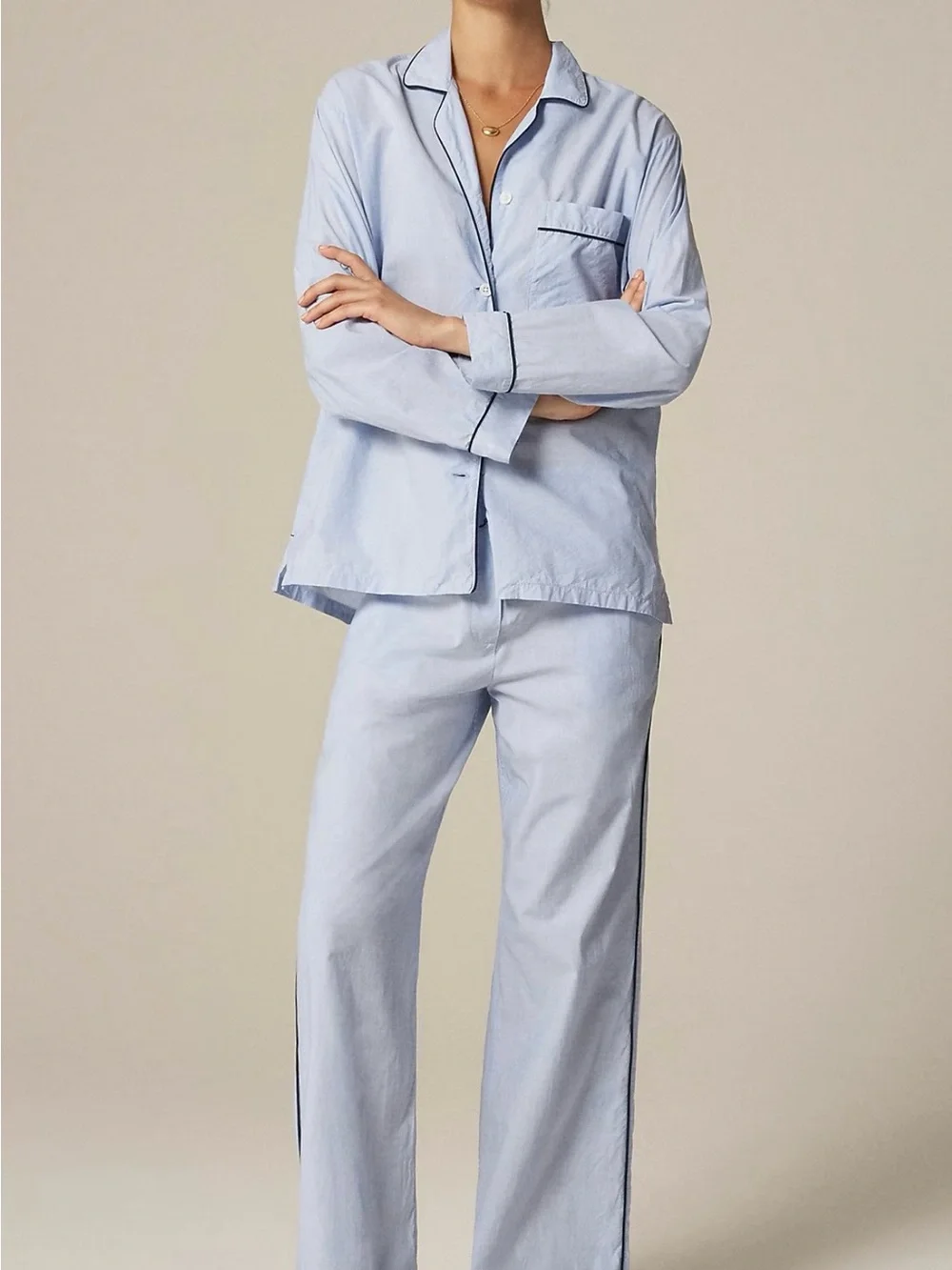 J. Crew Pale Blue Cotton Pajama Set with Navy Trim