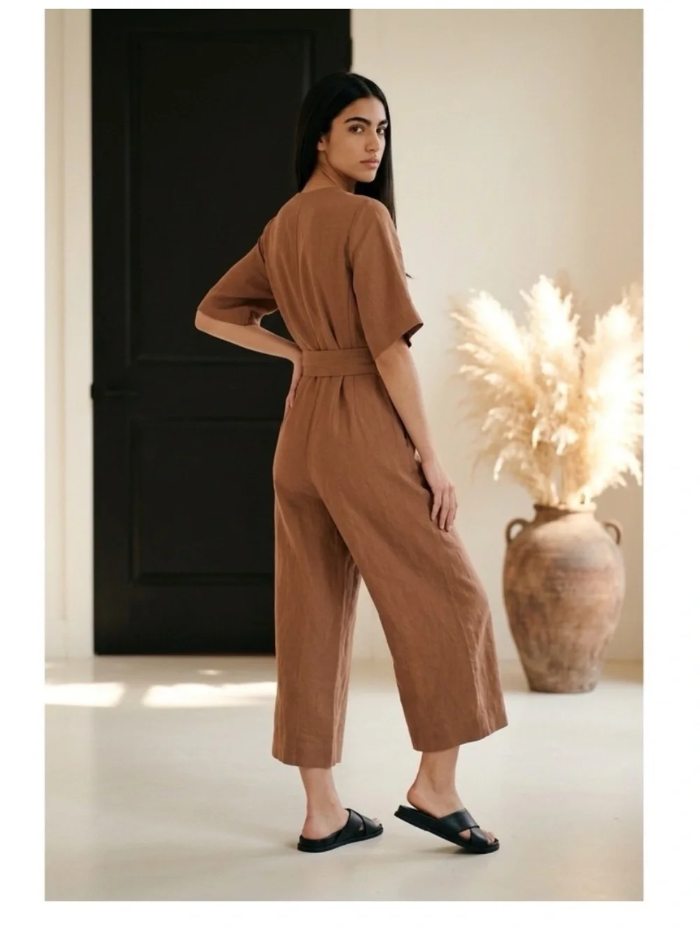 Everlane European Flax Linen Wide Leg Wrap Clay Brown Belted Jumpsuit 10 Summer