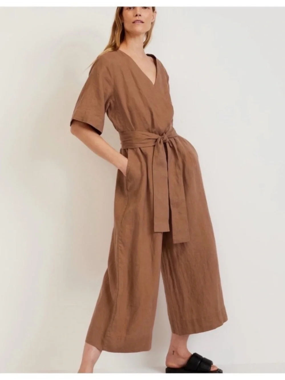 Everlane European Flax Linen Wide Leg Wrap Clay Brown Belted Jumpsuit 10 Summer