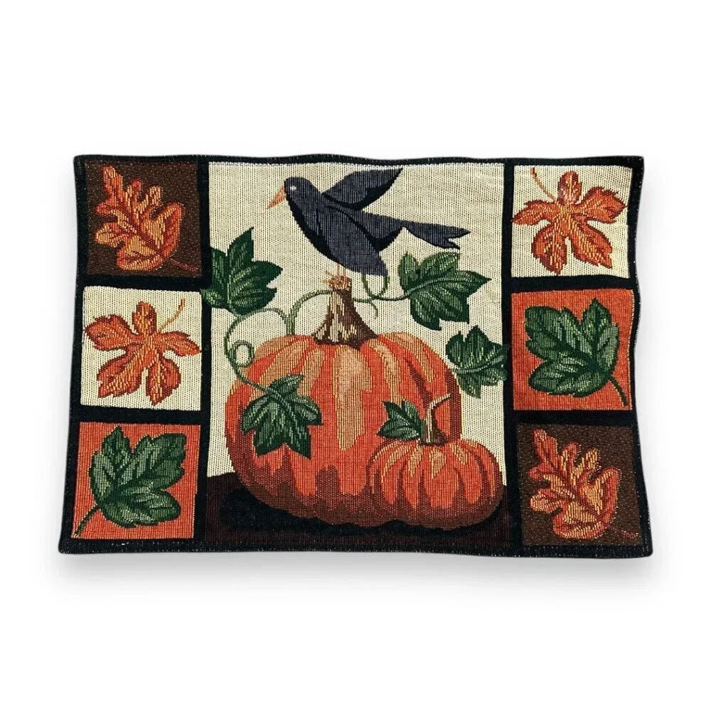 Vintage Fall Tapestry Placemats Lot of 2 Pumpkin Raven Autumn