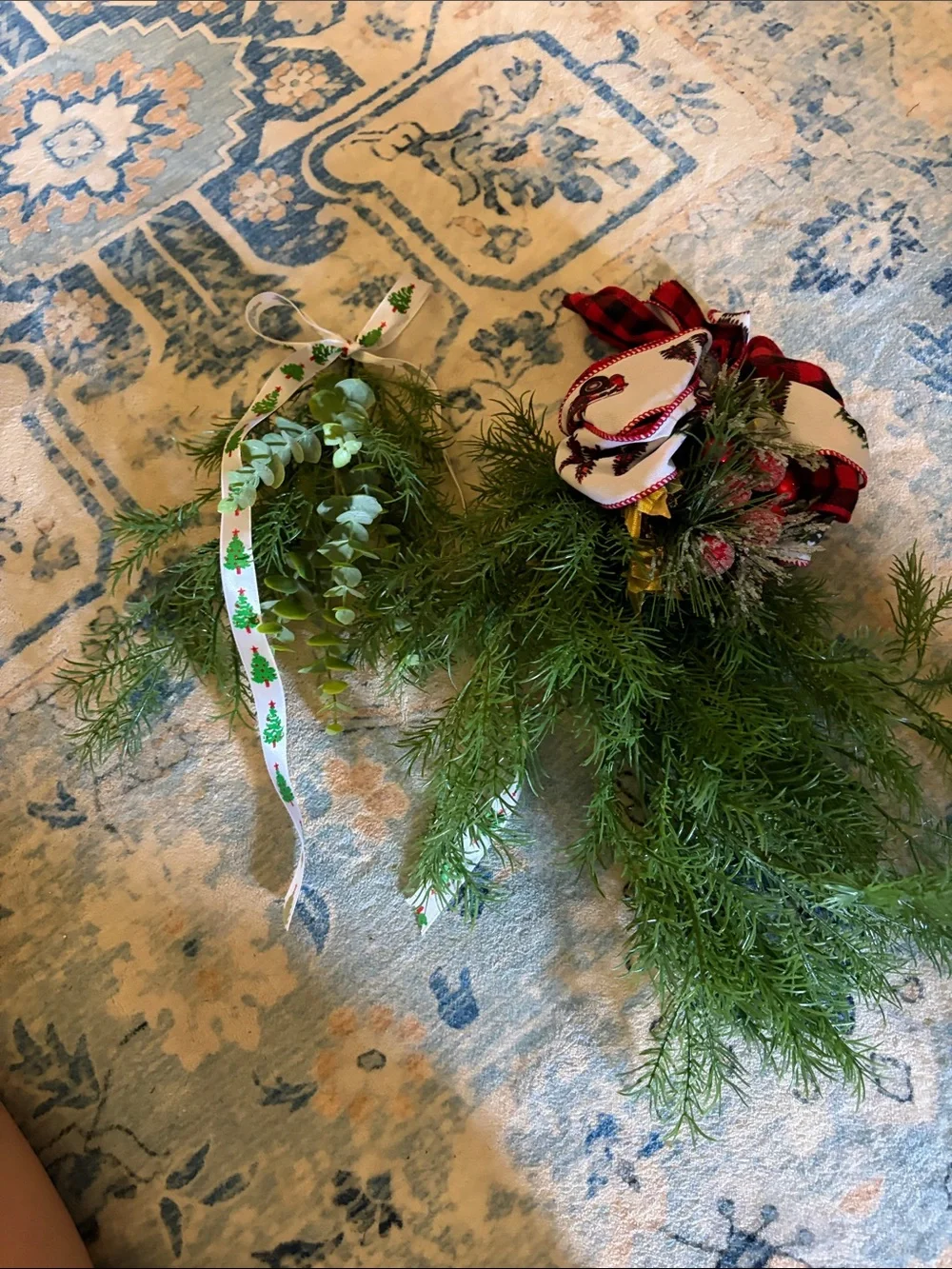 Holiday Greens Decorative Hanging Swag with Red Plaid Ribbon