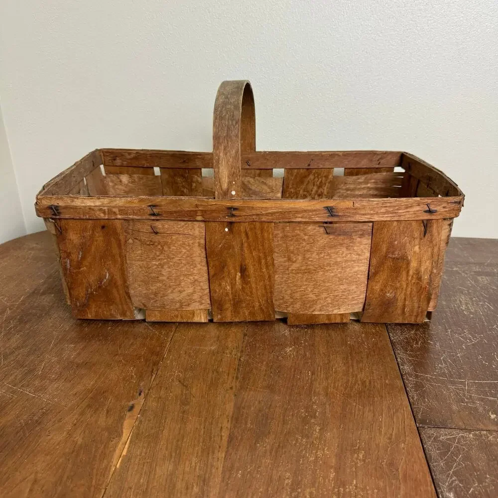 Vintage Primitive Woven Splint Wood Harvest Basket with‎ Fixed Handle Brown