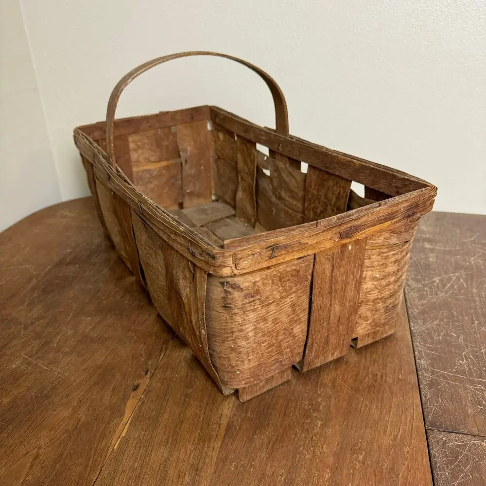 Vintage Primitive Woven Splint Wood Harvest Basket with‎ Fixed Handle Brown