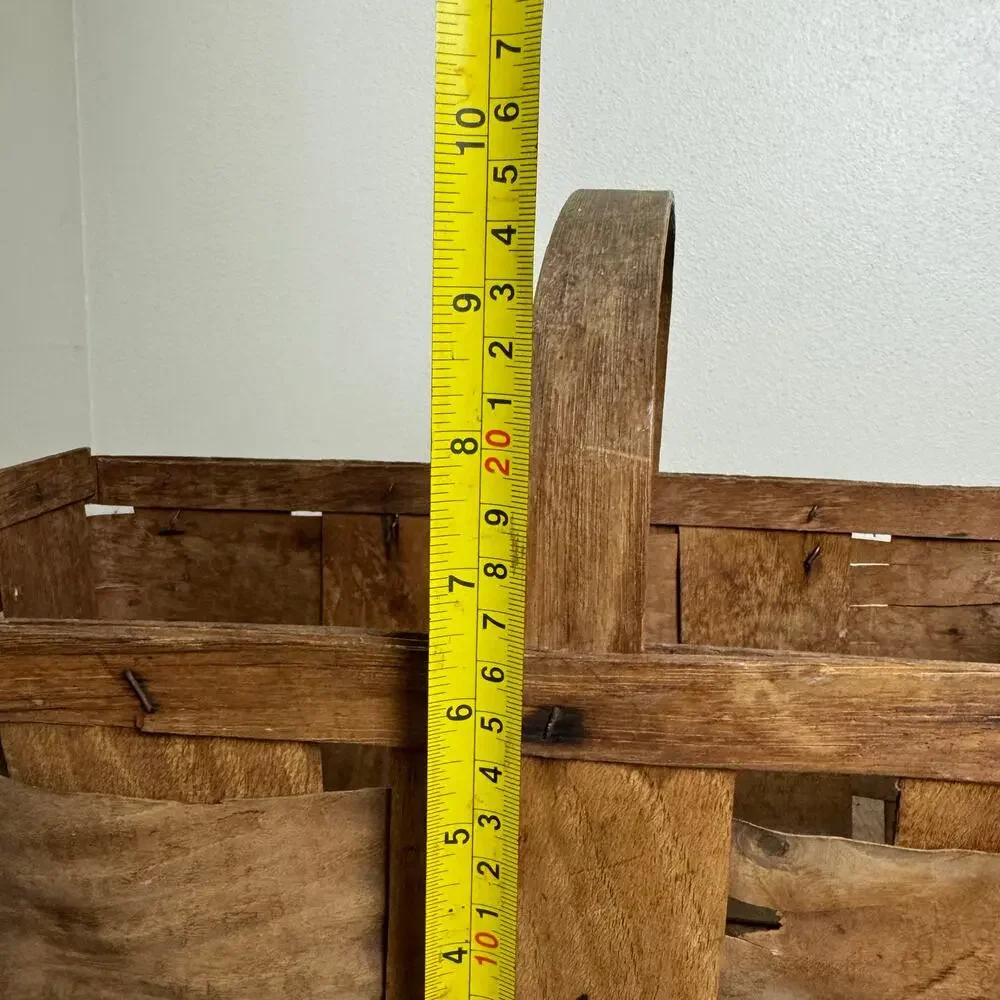 Vintage Primitive Woven Splint Wood Harvest Basket with‎ Fixed Handle Brown