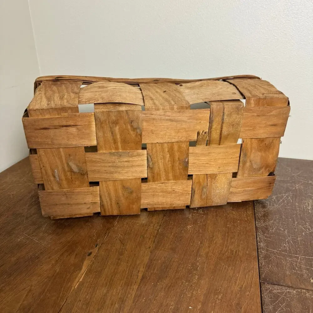 Vintage Primitive Woven Splint Wood Harvest Basket with‎ Fixed Handle Brown