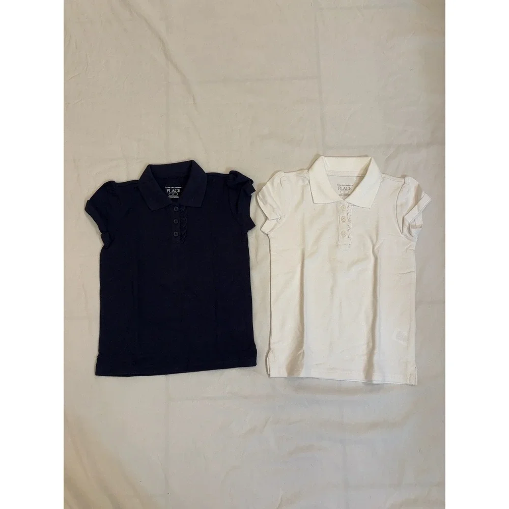 The Childrens Place Girls 5T Polo Shirt Bundle Navy White Ruffle School Uniform