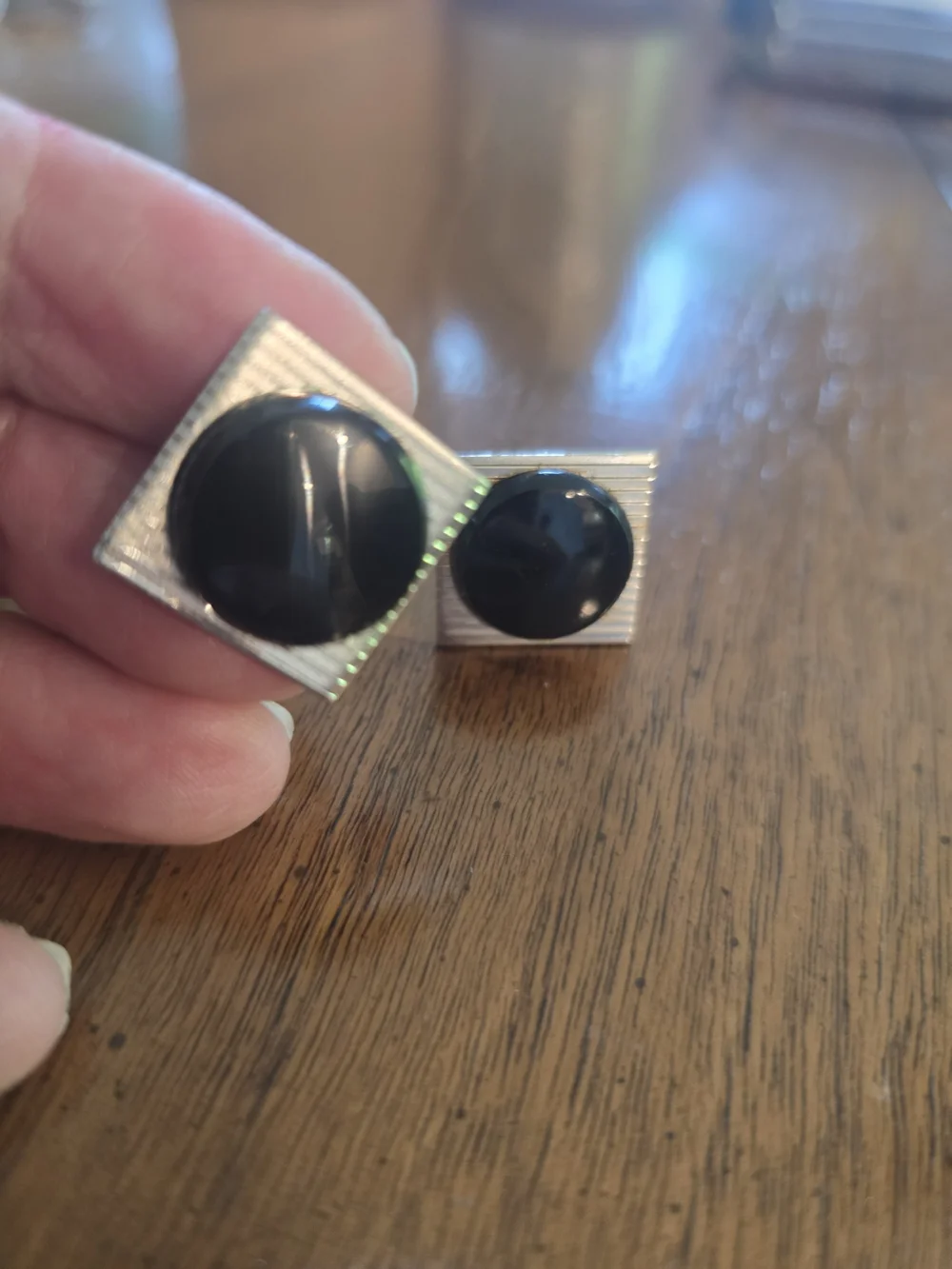 Men's Black Center Square Cufflinks - Silver Tone