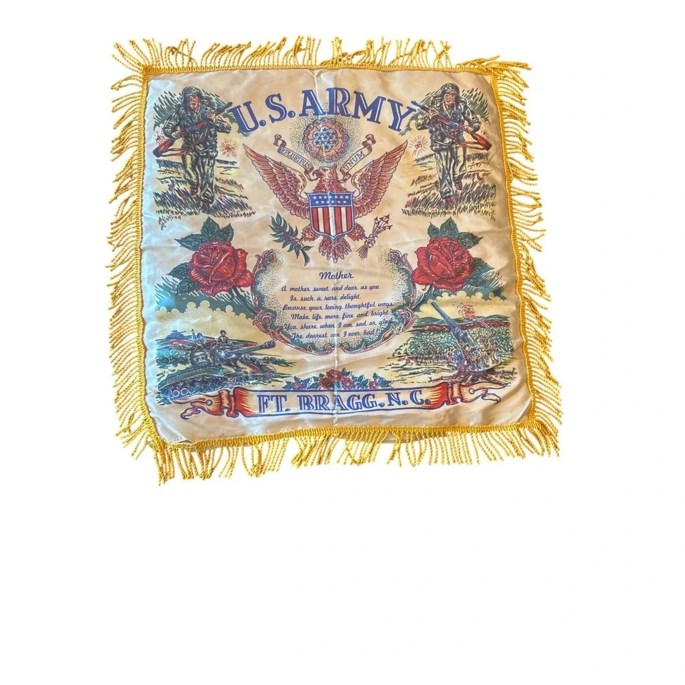 Vintage U.S. Army Ft. Bragg N.C. Mother Tribute Pillow Cover With Yellow Fringe