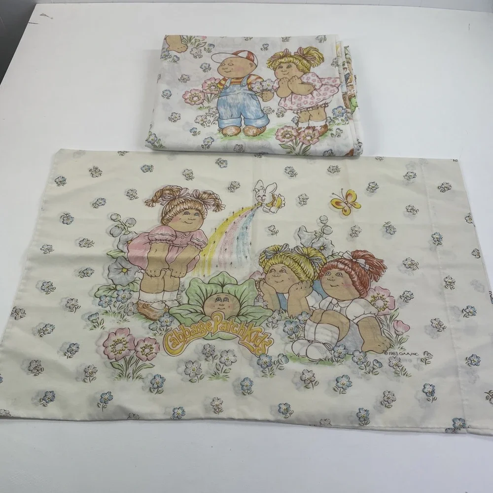 Cabbage Patch Kids Flat Sheet Pillowcase Twin Unisex White Vintage 1983 2pc Set