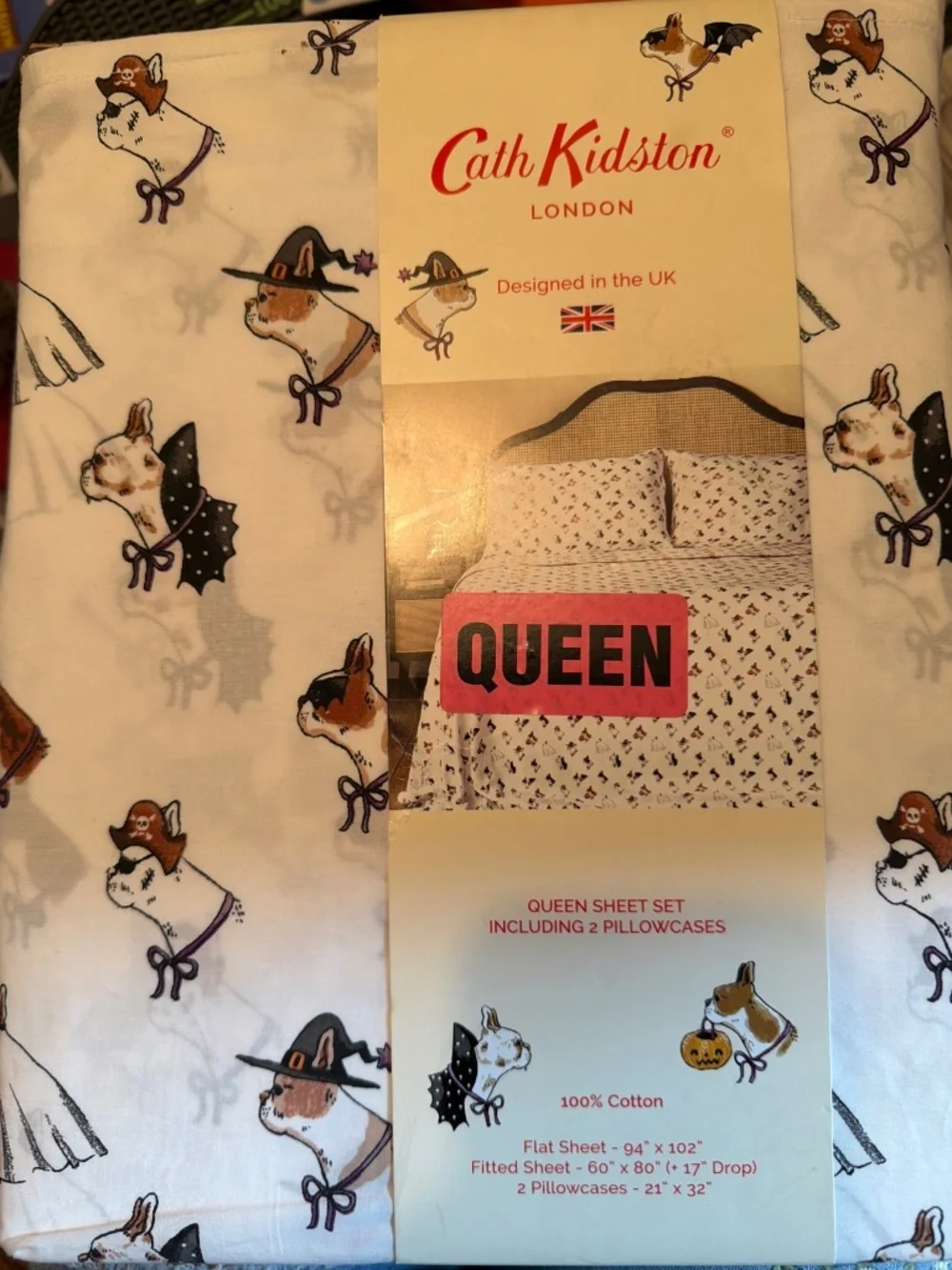 Cath Kidston London Spooky Dogs 4 Pc Queen Sheet Set Halloween 100% Cotton NEW
