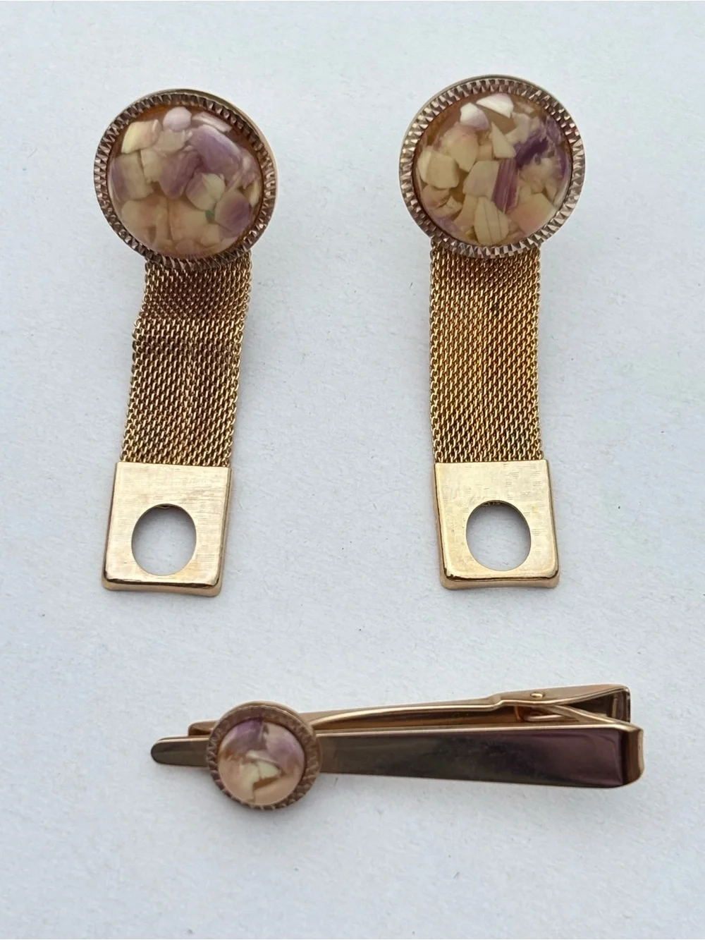 Vintage Gold Tone Mesh Wrap Cufflinks & Matching Tie Clip Set Pressed Flower Luc