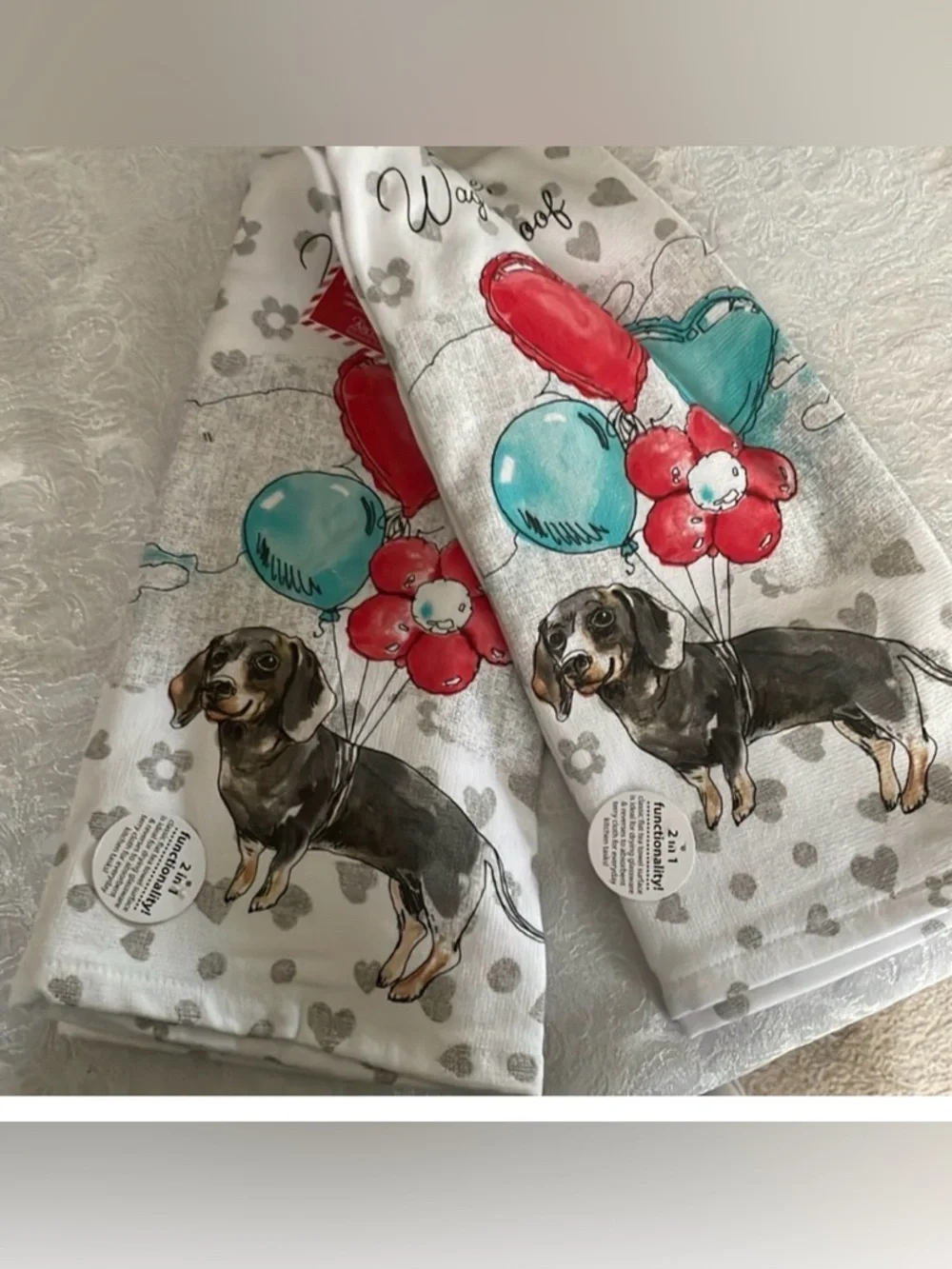 Dachshund Valentine themed kitchen towels