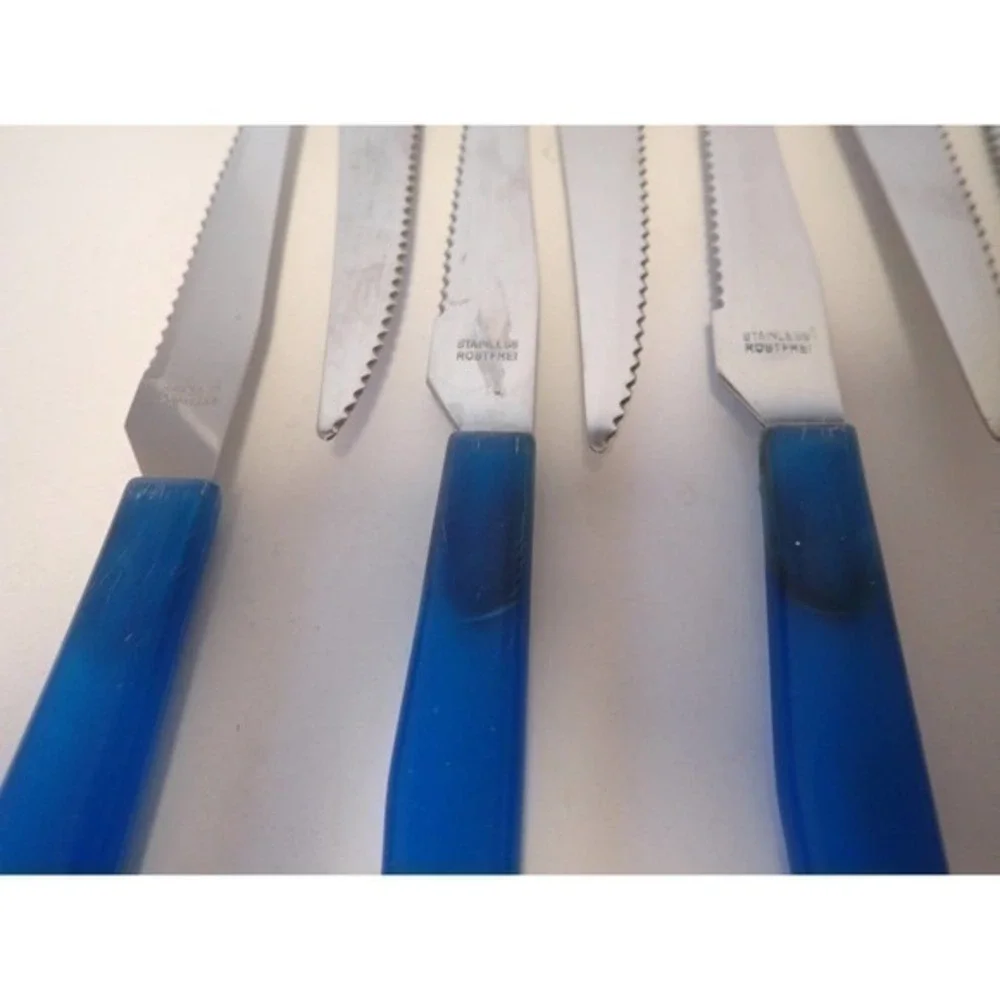 Vintage Rostfrei‎ Blue plastic Lucite maybe Handle  9 Steak Knives