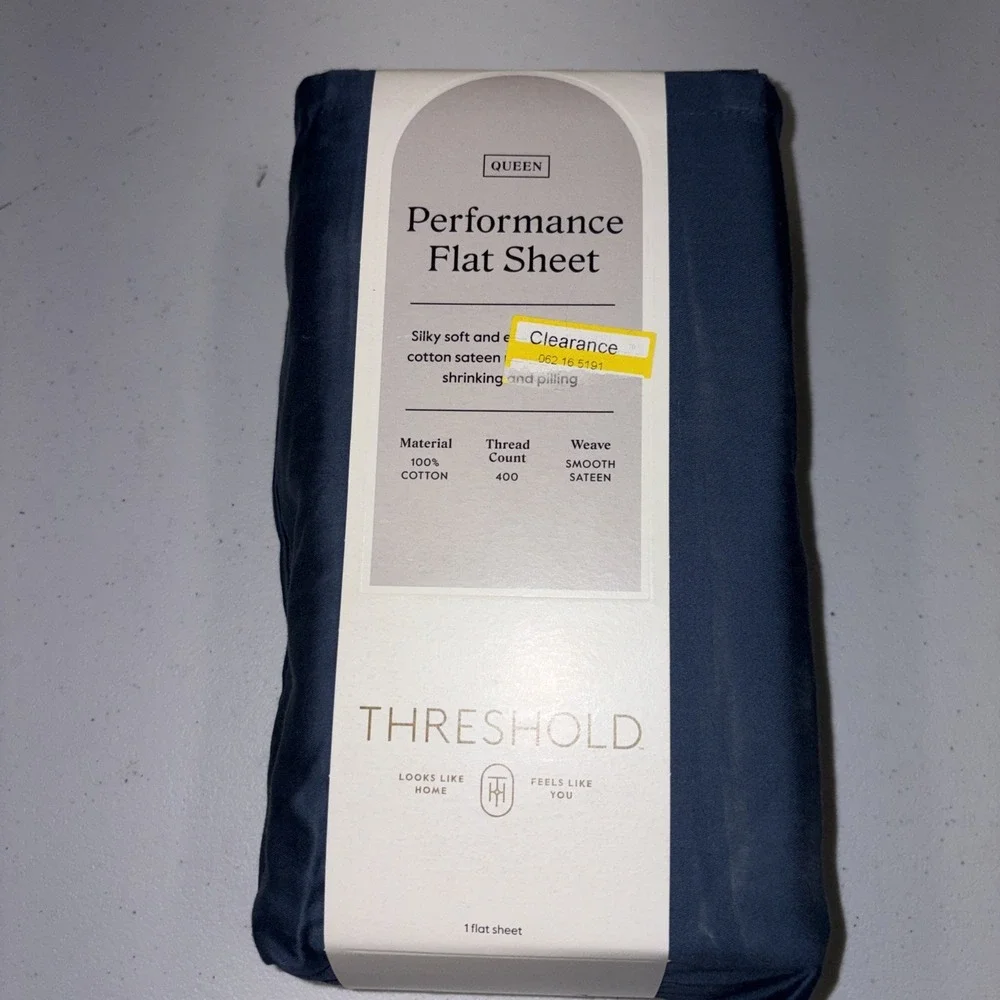 Threshold Performance 100% Cotton Sateen QUEEN Flat Sheet Blue 400 TC Smooth