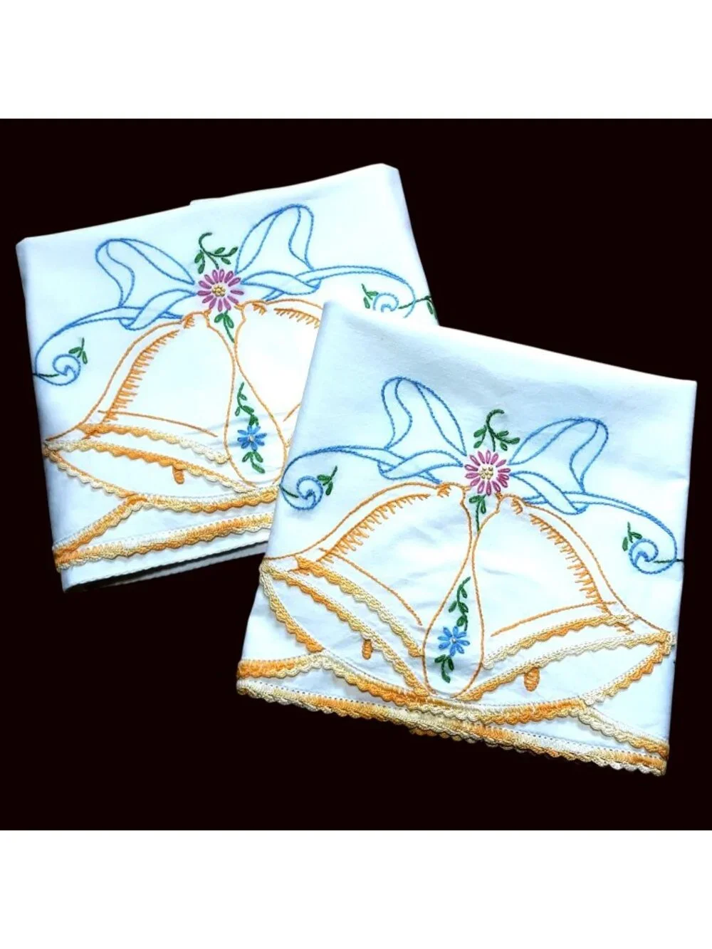 Vintage Embroidered Pillowcases Floral Design Crochet Trim - Set Of 2 - 20