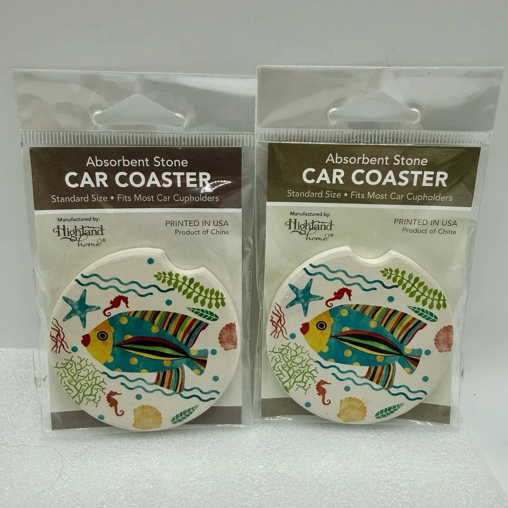 Highland Home Absorbent Stone Car Coasters Tropical Fish Lot of 2‎ Made In USA