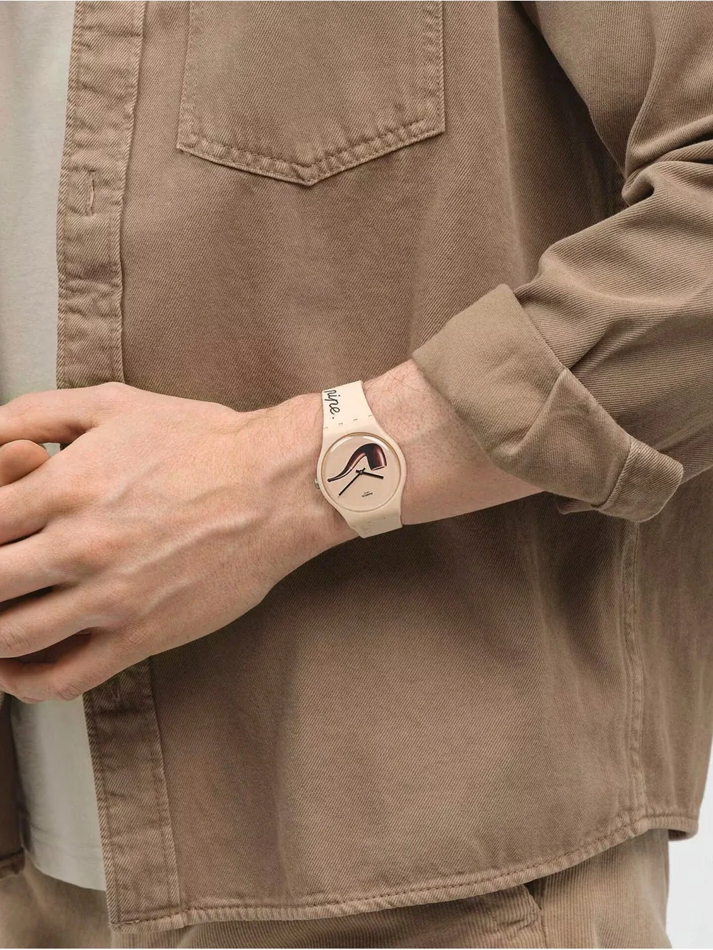 Swatch Beige Silicone Watch with Minimal Abstract Dial