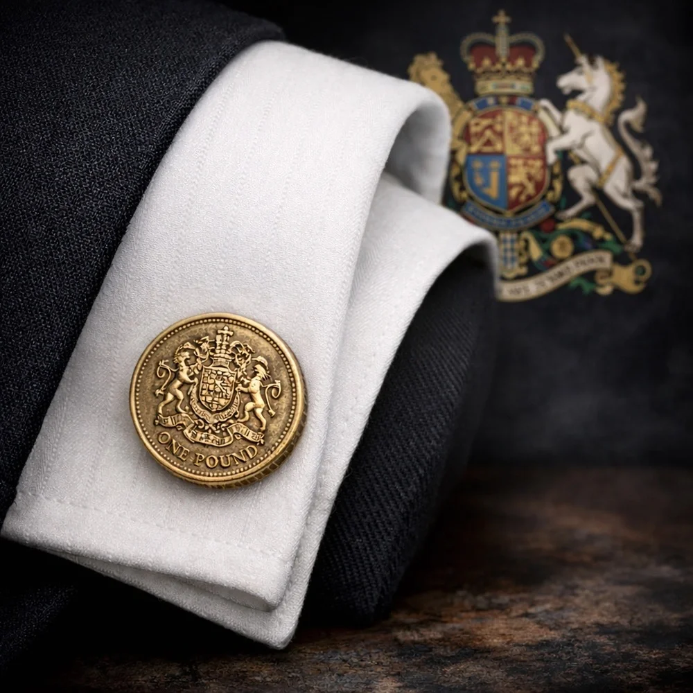 Vintage UK One Pound Coin Cufflinks – Royal Coat of Arms – Handmade British Pair