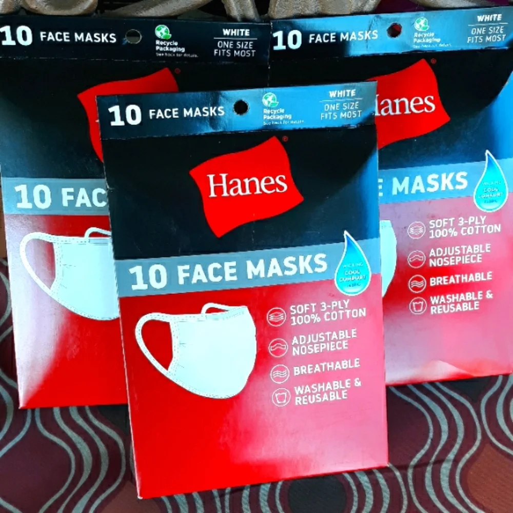 Hanes 10 Pack White Face Masks 100% Cotton 3-Ply Adjustable‎ Breathable Reusable