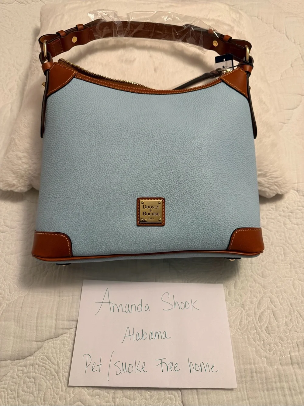 Dooney & Bourke Pale Blue Leather Hobo with Brown Trim