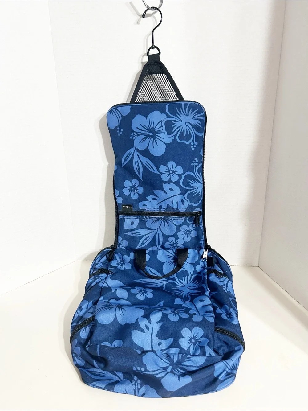 LL Bean Personal Organizer Hanging Travel Toiletry Bag Blue Floral Nylon Pockets