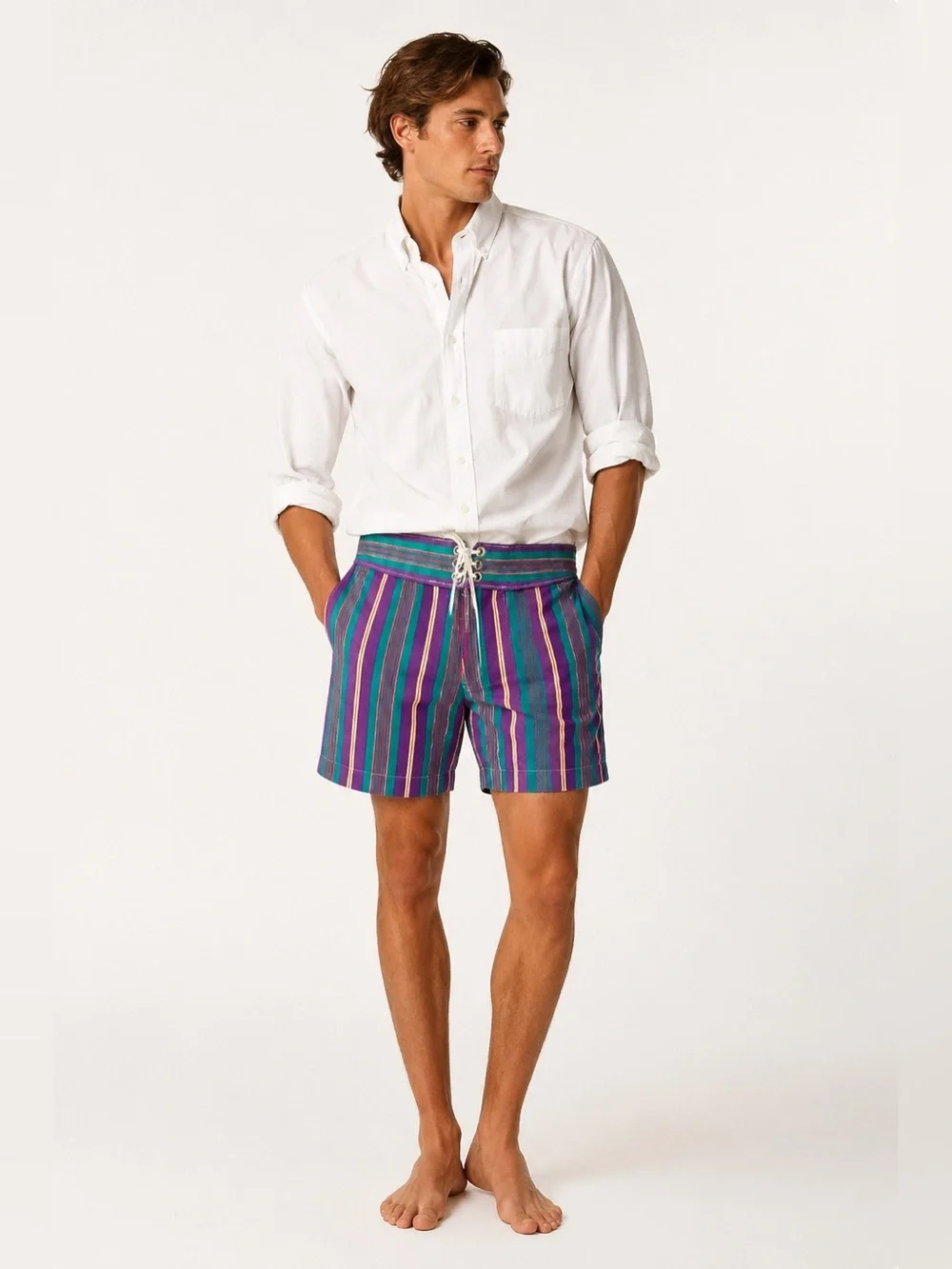 Vintage J Crew Sailing Shorts Purple Green Stripe Lace Up Canvas 36