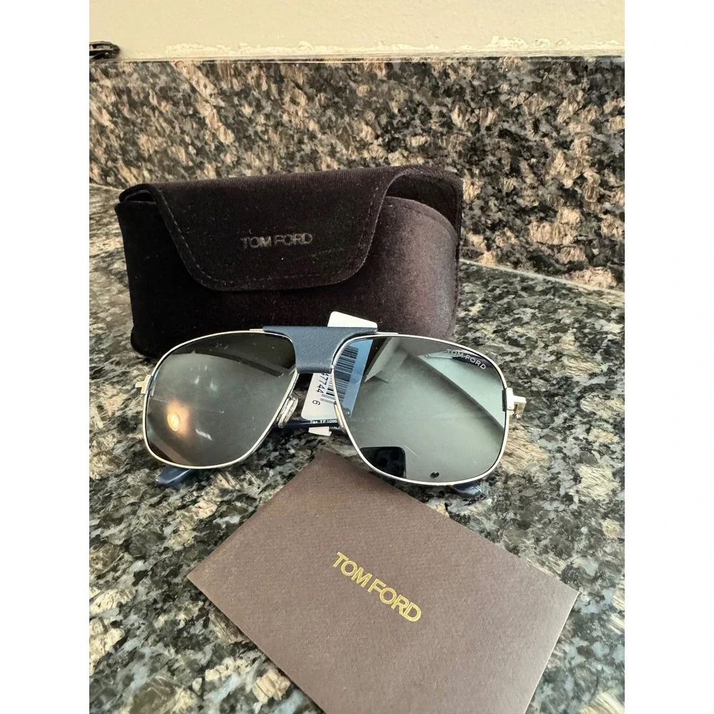 Tom Ford Tex TF1096 Aviator Sunglasses Silver Blue Leather 16V‎ 62-13-145 Italy