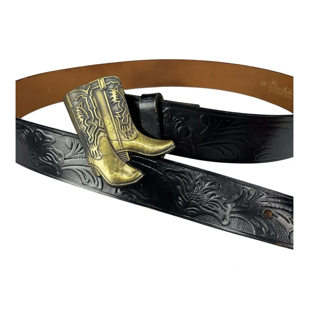 Cowboy Boots Buckle Men's Black Floral Embossed Leather Western Belt Size 38