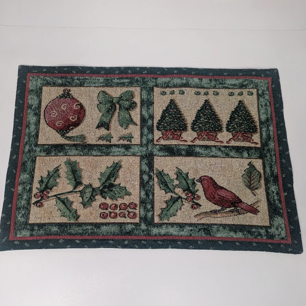 Festive Christmas Holiday Tapestry Placemats Ornaments/ Birds/ Trees Set of 2