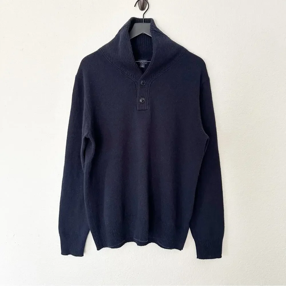 J. Crew Sweater Mens 100% Lambs Wool Button Cowl Neck‎ Navy Cozy Casual Large
