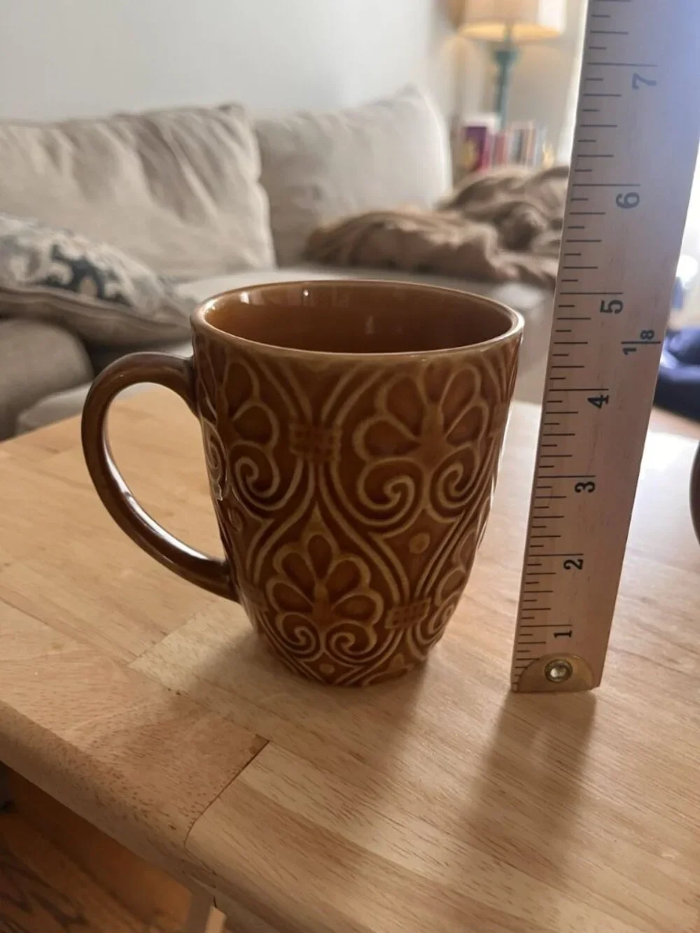 Set of 2 Pier 1 Imports Karistan Mugs Amber Embossed Reactive Glaze Stoneware