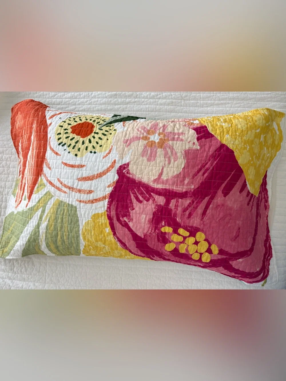 Floral Quilted 4 piece Bedspread set in White with Pink, Yellow & Green