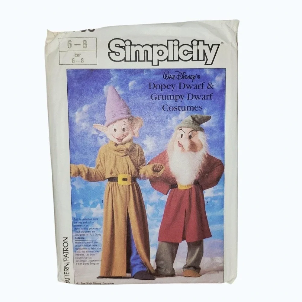 Vintage Simplicity 7736 Disney Dopey Grumpy Dwarf Costume Pattern‎ Child 6-8