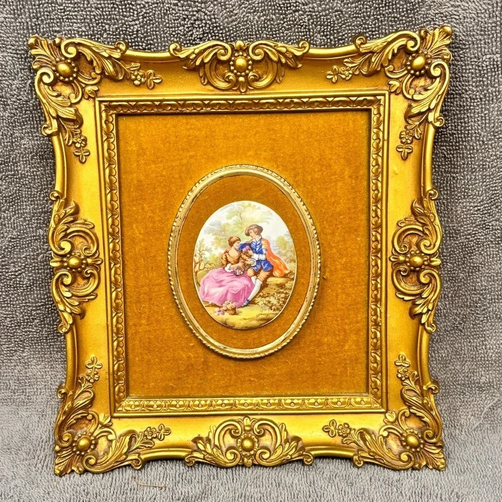Vtg French FRAGONARD Porcelain Cameo Framed ORNATE Velvet Hollywood Regency