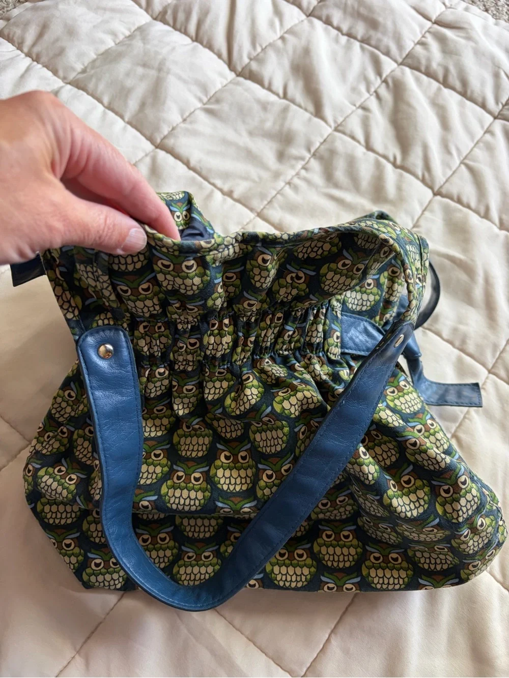 Owl-Print Blue & Green hobo bag