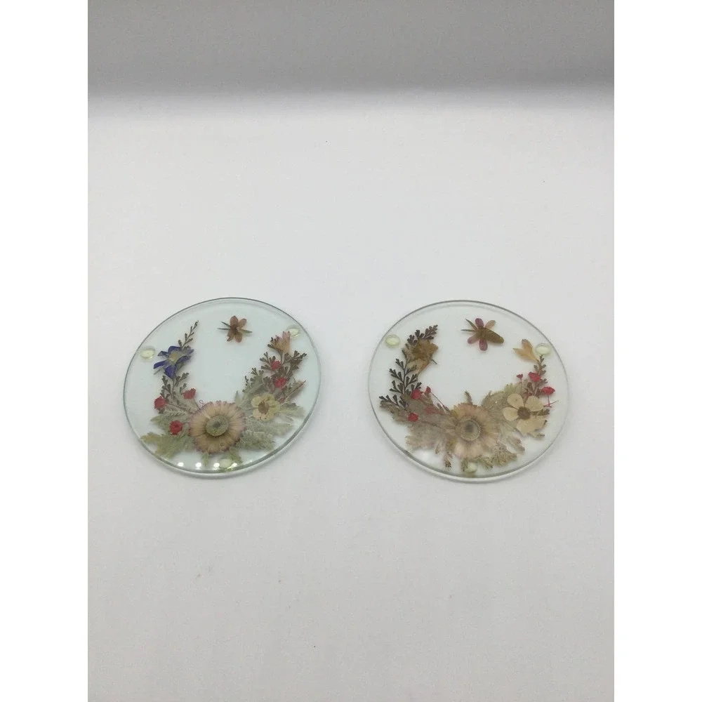 Pair‎ Dried floral glass coasters real flowers cottagecore garden farm shabby