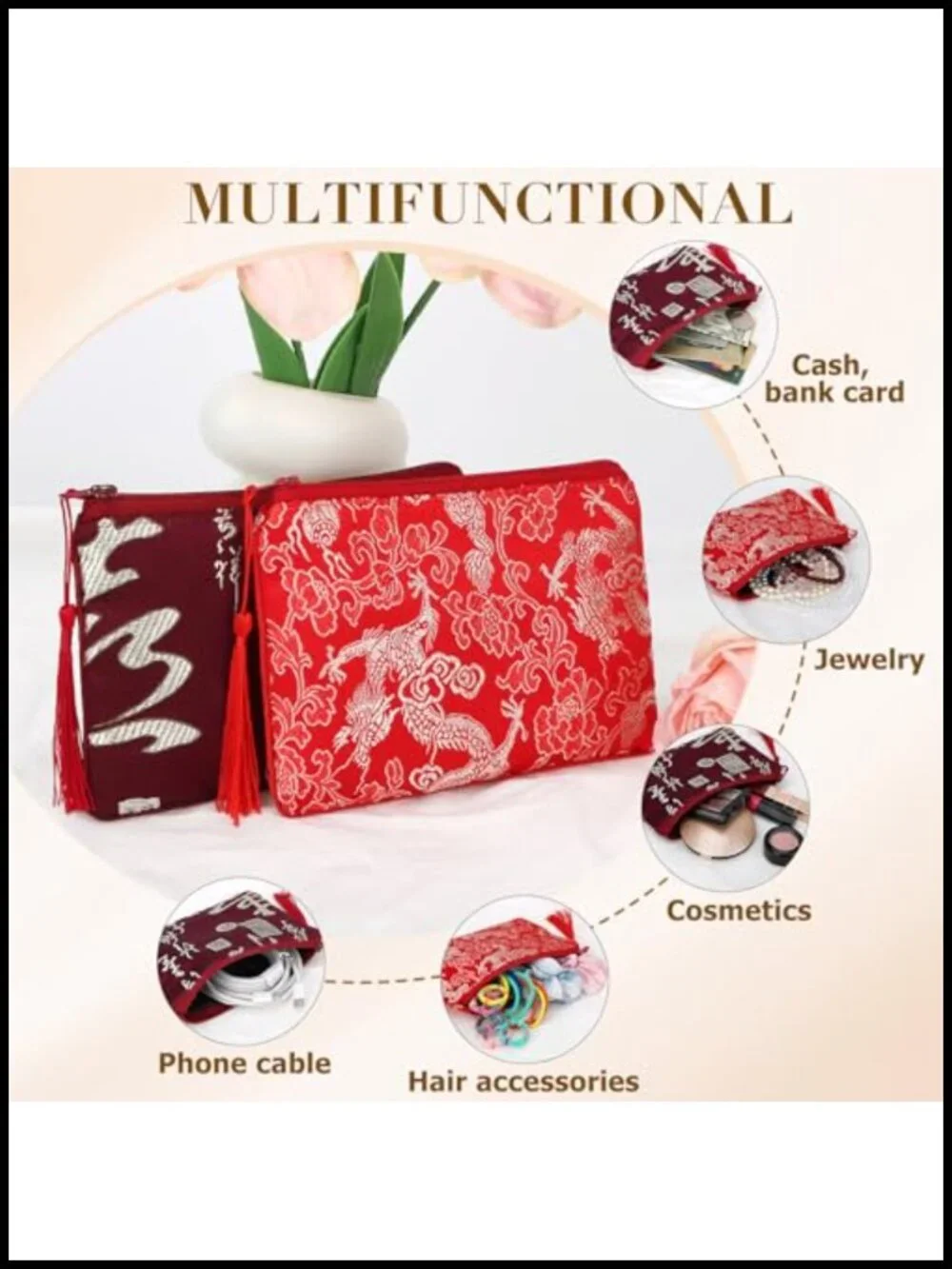 2pc Chinese Silk Brocade Padded Tassel Zipper Jewelry Pouch Gift Bag